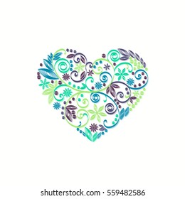 Stock vector illustration isolated heart decor green, blue, purple quilling multicolored patterns on white background for greetings cards, printed materials, design element, Happy Valentine's Day