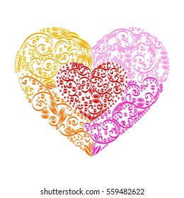 Stock vector illustration isolated heart decor yellow, orange, violet, pink, red quilling multicolored patterns white background greetings card, printed material, design element, Happy Valentine's Day