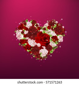 Stock vector illustration of isolated heart flowers realistic red and pink roses on dark background design element for congratulations Valentine's Day February 14