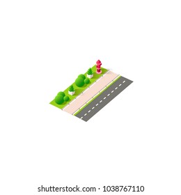 Stock vector illustration of isolated isometric right view red fire hydrant on green side sidewalk along road, design city urban infrastructure element on white background