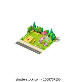 Stock vector illustration isolated isometric children playground, swings, slide, jungle gym, merry-go-round, carousel, seesaw, sandbox near road town city urban infrastructure element white background