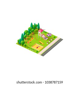 Stock Vector Illustration Isolated Isometric Children Playground, Swings, Slide, Jungle Gym, Merry-go-round, Carousel, Seesaw, Sandbox Near Road Town City Urban Infrastructure Element White Background