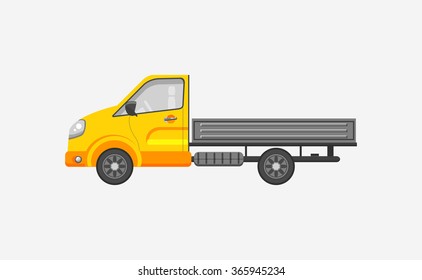 Stock vector illustration isolated light truck with trailer side view flat style gray background. Element infographic, printed material, website, icon, card Congratulation on Day of motorist or driver