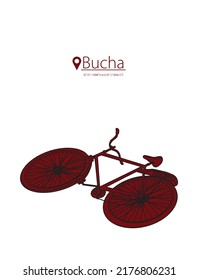 Stock vector illustration isolated on white background.Cities of Ukraine that suffered as a result of the aggression of the Russian army.Bucha.bicycle on which a civilian died