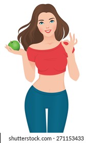 Stock vector illustration isolated on white background beautiful slim girl on a diet with an apple in his hand/Beautiful slim girl on a diet/Stock vector illustration