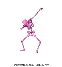 Stock vector illustration isolated pink skeleton character dancing dab step fashionable hip hop pose meme design element for t-shirt for Happy Halloween cartoon style on white background