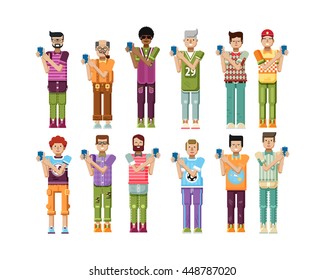 Stock vector illustration isolated set of men touch screen smartphone 