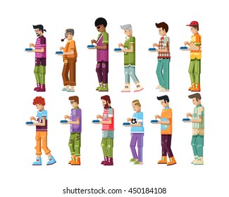 Stock vector illustration isolated set of men touch screen smart phone side views in sportswear comfortable clothes, flat style on white background