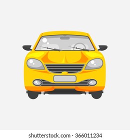 Stock vector illustration isolated yellow car hatchback front view flat style on gray background. Element infographic, printed material, website, icon, card Congratulation on Day of motorist or driver