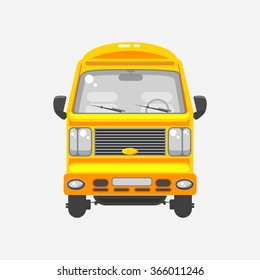 Stock vector illustration isolated yellow delivery truck front view flat style gray background. Element infographic, printed material, website, icon, card Congratulation on Day of motorist or driver