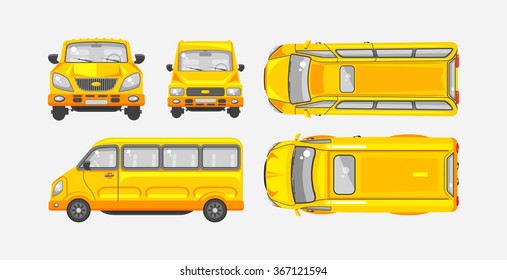 Stock vector illustration isolated yellow minibus top, front, side view flat style gray background Element infographic, printed material, website, icon, card Congratulation Day of motorist or driver