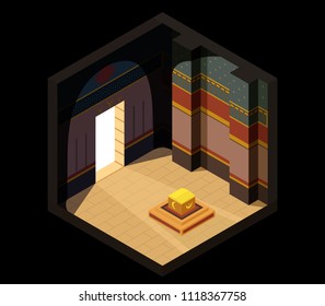 Stock Vector Illustration of an isometric Egyptian tomb with a chest. An ancient forgotten room of the pharaoh with a treasure. Dark background.