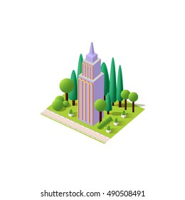 Stock vector illustration isometrics isolated multi-storey building with offices and skyscraper  with apartments, arranged territory for business center on a white background