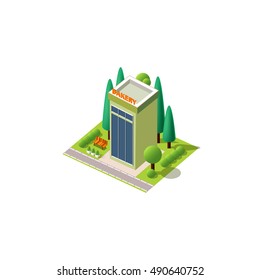 Stock vector illustration isometrics isolated multi-storey bakery with arranged territory for business center on a white background