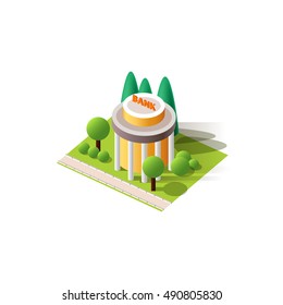 Stock vector illustration isometrics isolated building of the bank with arranged territory for business center on a white background