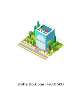 Stock vector illustration isometrics isolated building flower shop with arranged territory for business center on a white background