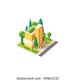 Stock vector illustration isometrics isolated capitol, administrative building with offices and arranged territory for business center on a white background