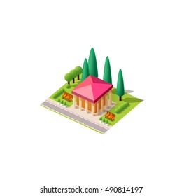 Stock vector illustration isometrics isolated administrative building with columns with arranged territory for business center on a white background