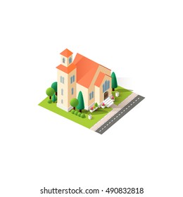 Stock vector illustration isometrics isolated Christian church, religious building, temple with arranged territory for business center on a white background