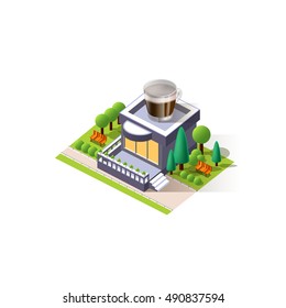 Stock vector illustration isometrics isolated coffee house building with arranged territory for business center on a white background