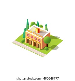 Stock vector illustration isometrics isolated fire station building with arranged territory for business center on a white background