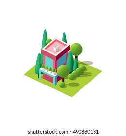Stock vector illustration isometrics isolated multi-storey Art Nouveau building, cottage, villa, country house with arranged territory element for city info graphic on a white background