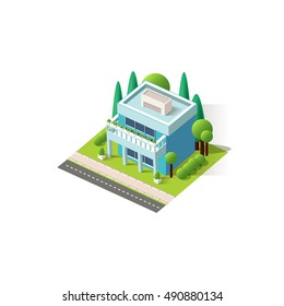 Stock vector illustration isometrics isolated cottage building, private house, vacation home, villa with arranged territory element for city info graphic on a white background