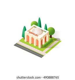 Stock vector illustration isometrics isolated jewelry store building with arranged territory for business center on a white background