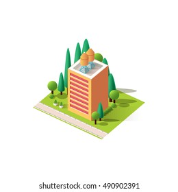 Stock vector illustration isometrics isolated multistory building with offices and skyscraper  with apartments, arranged territory for business center on a white background