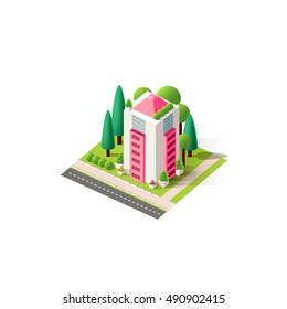 Stock vector illustration isometrics isolated multistory building with offices and skyscraper  with apartments, arranged territory for business center on a white background