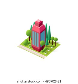 Stock vector illustration isometrics isolated multistory building with offices and skyscraper  with apartments, arranged territory for business center on a white background