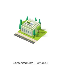 Stock vector illustration isometrics isolated pharmacy building with arranged territory for business center on a white background
