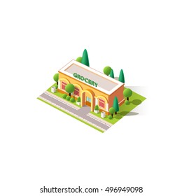 Stock vector illustration isometrics isolated grocery shop building with arranged territory for business center on a white background