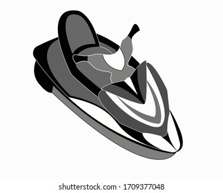 Stock vector illustration. Jet ski painted in gray, black and white, on a white background