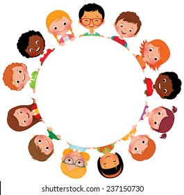 Stock vector illustration of kids friends from around the world around the white circle/Children of friends of the world/Multinational friendship of children from around the world