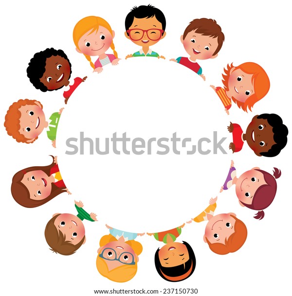 世界中の子どもの友人の白い輪の周りのストックベクターイラスト 世界の友人の子ども 世界中の子どもの多国籍友情 のベクター画像素材 ロイヤリティフリー