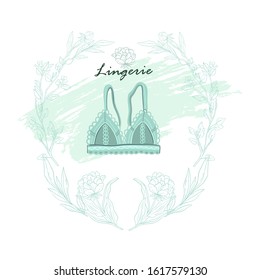 Stock vector illustration with lacy bra inside round floral frame isolated on white. Elegant lingerie logo for shops, boutiques, web sites, markets.   