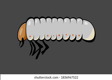 Stock vector illustration of larva. With many segments six legs and orange stains. Doodle insect picture of wildlife ideal for cartoons, pattern creation, jokes and decoration. White lares on gray.