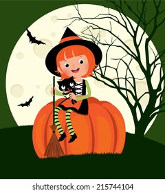 Stock vector illustration of a little girl in witch costume celebrates Halloween with her black cat