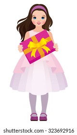 Stock vector illustration Little girl holding a box with a gift isolated on white background in full length