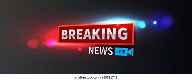 Stock vector illustration logo breaking news live wide format banner. Police lights background, breaking news, bokeh. EPS10