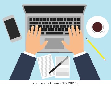 Stock Vector Illustration: male in the workplace. Hands desks laptop screen vector illustration of business people Top View angle above the office
