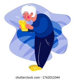 Stock vector illustration of man holding smartphone, uses it for reading news, texting message, playing games, social network, internet surfing. Flat cartoon character. Modern digital technologies.