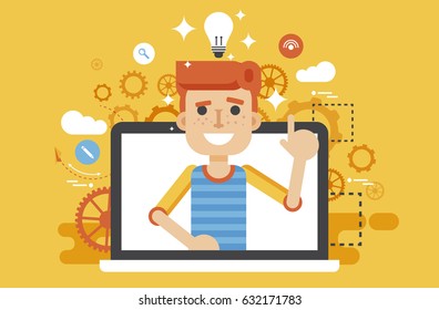 Stock vector illustration man with idea, lamp light bulb above head and index finger up design element for solution, service business online help presentation startup flat style yellow background icon