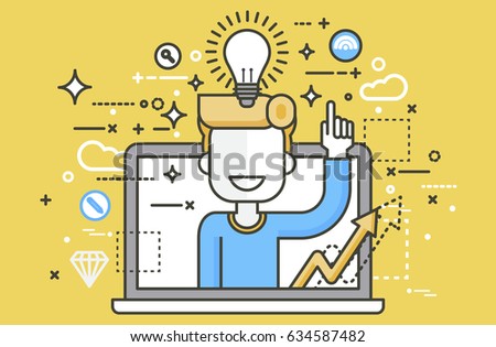 Stock vector illustration man with idea lamp light bulb above head and index finger up design element for solution service business online help presentation startup linear style yellow background icon