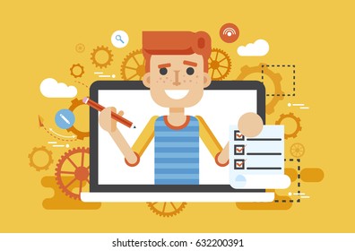 Stock vector illustration man in laptop notebook offers fill in application form design element education, subscription, email marketing, newsletter online management flat style yellow background icon