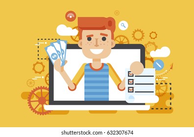 Stock vector illustration man in laptop notebook offers fill in application form design element email marketing, newsletter money win earning, income, discount online flat style yellow background icon