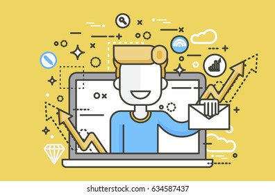 Stock vector illustration man laptop notebook delivery receive of letter posts design element mail, subscription, email marketing, newsletter online management linear style yellow background icon