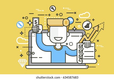 Stock vector illustration man laptop notebook offers fill in application form design element email marketing, newsletter money win earning, income, discount, online linear style yellow background icon