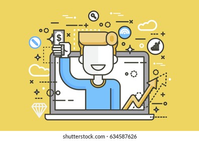Stock vector illustration man money in hand design element financial education, banking, deposit, win, earning, income, saving, discount online marketing management linear style yellow background icon